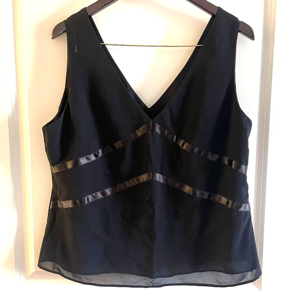 Axcess Women Size 16 Black V Neck Tank Top Blouse Lined Satin Ribbon Chevron - Picture 2 of 7